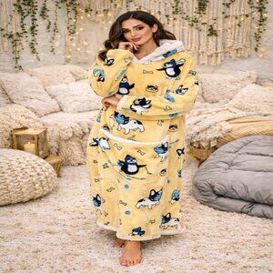 Yellow French Bulldog Hoodie Blanket Robe Plush Cozy Lounge Pajamas Women's OS